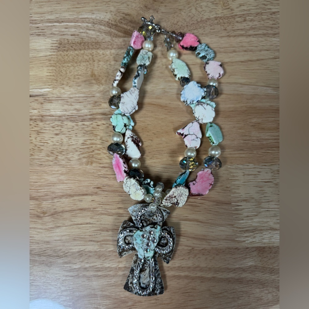 Necklace Multi-color Stone Double Strand With Cross Pendant
